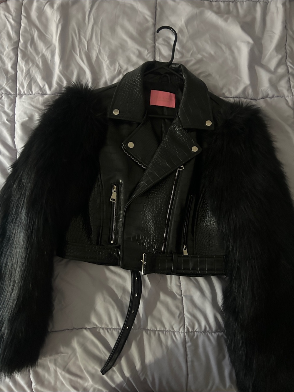Faux Leather Moto Jacket with Faux Fur Sleeves - Black